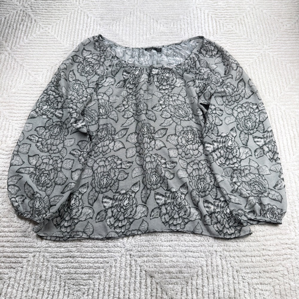 Seven7 Floral Peasant Blouse Women's XL Gray Black Rose Print Boho Romantic Chic